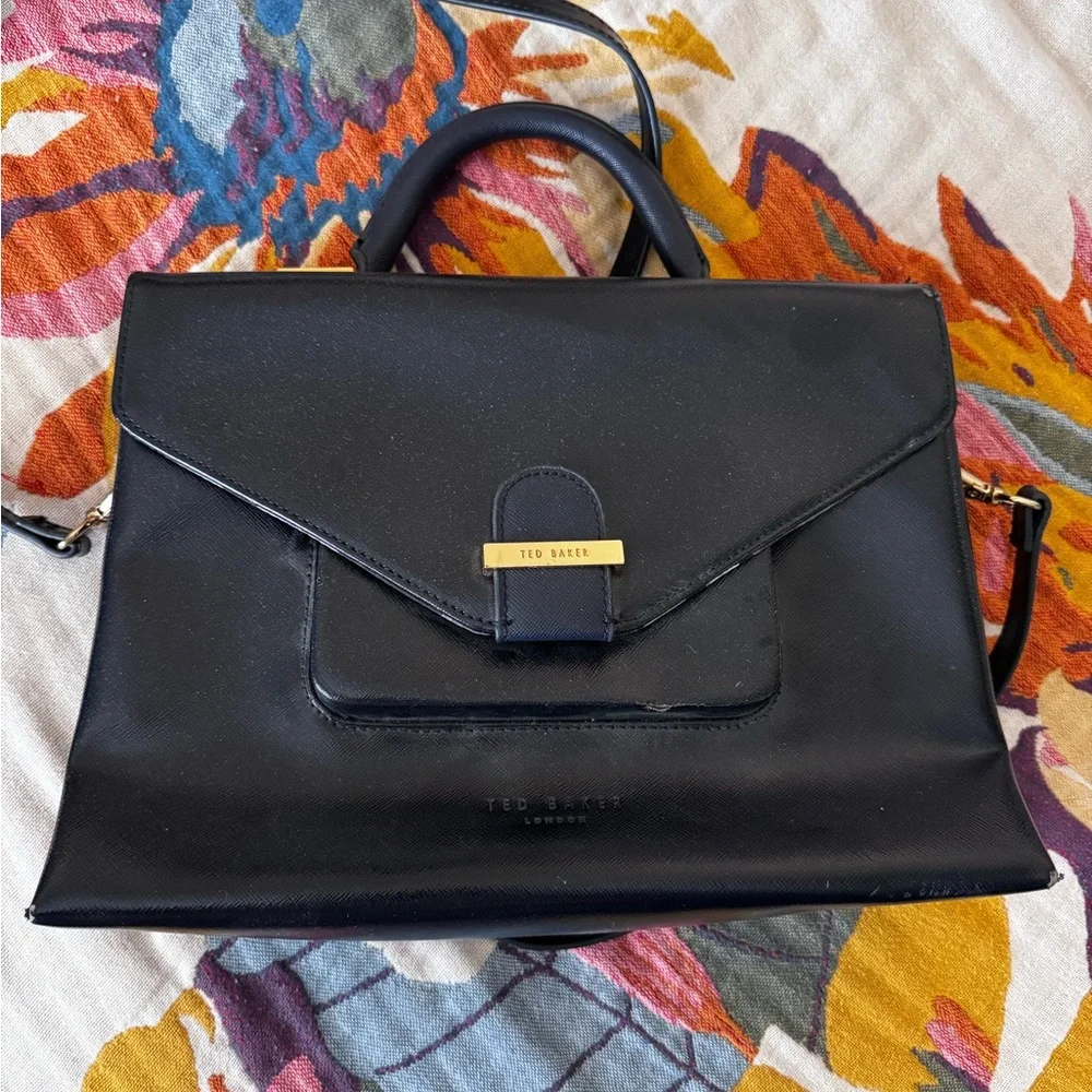 Ted Baker London Black Saffiano Envelope Satchel Crossbody Floral Lining